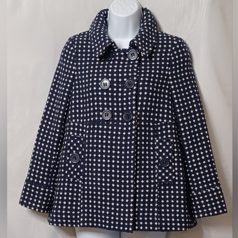 Monsoon Girls Blue & White Wool Blend Button Front Coat. 10-12 Yrs.